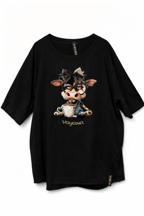 T-shirt Vayana Krowa z kawą - czarny, rozmiar 3
