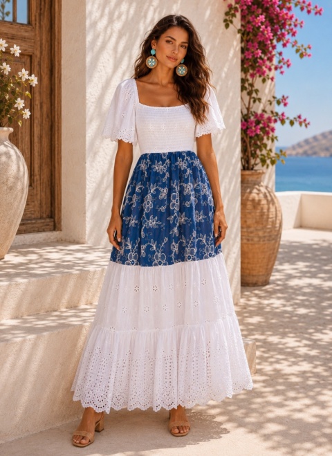 Indigo Riviera – Bawełniana Sukienka Hiszpanka Maxi