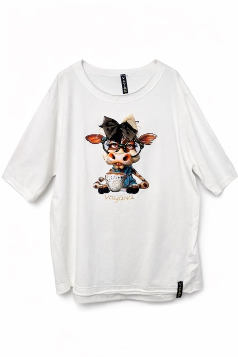 T-shirt Vayana Krowa z kawą - biała, rozmiar 3